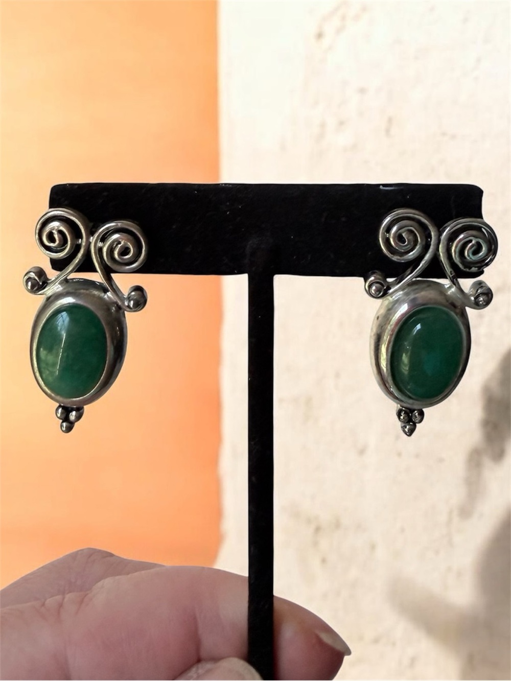 Silver Green Stone Scroll Drop Earrings